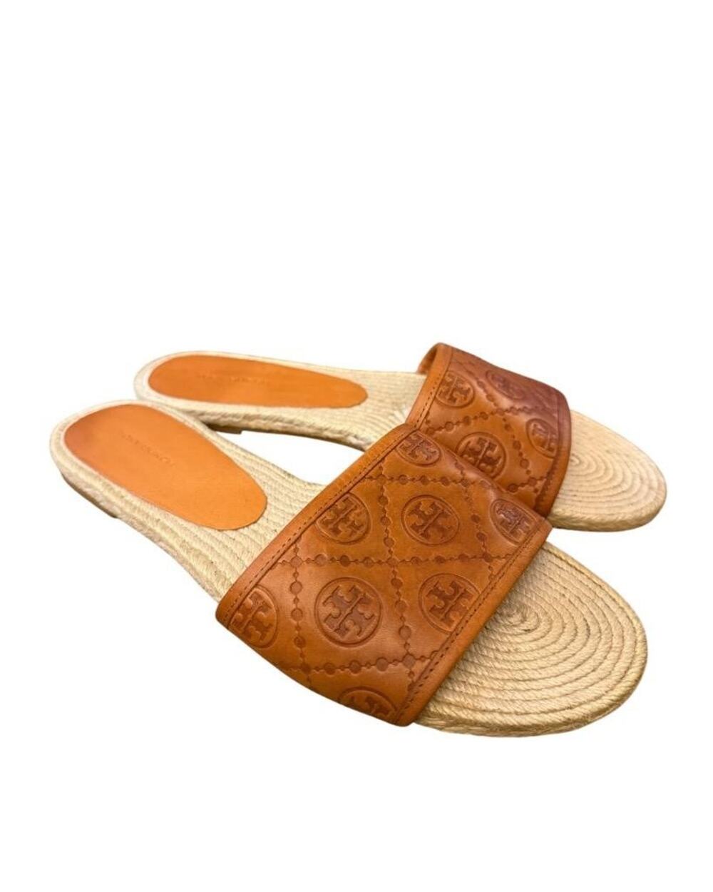 Tory Burch Monogram Espadrille Flat Leather Slides Women size 10